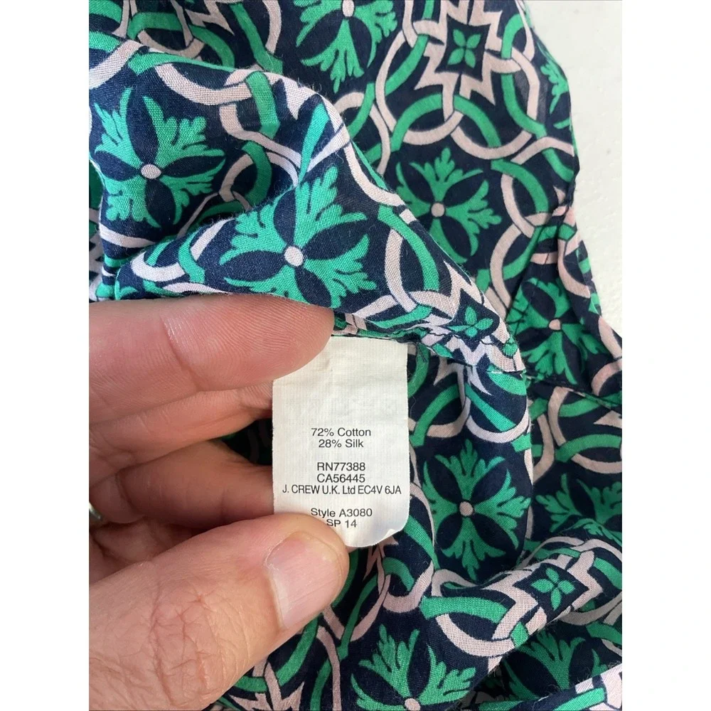 J. Crew Womens Top Size 12 Green Blue Printed Tunic Shirt Long‎ Sleeve Silk Blnd